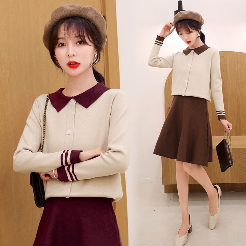 Set áo len + chân váy xoè trẻ trung