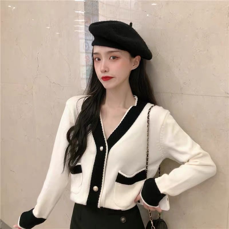 Áo khoác cardigan dệt kim cổ chữ V phong cách Pháp thời trang dành cho nữ