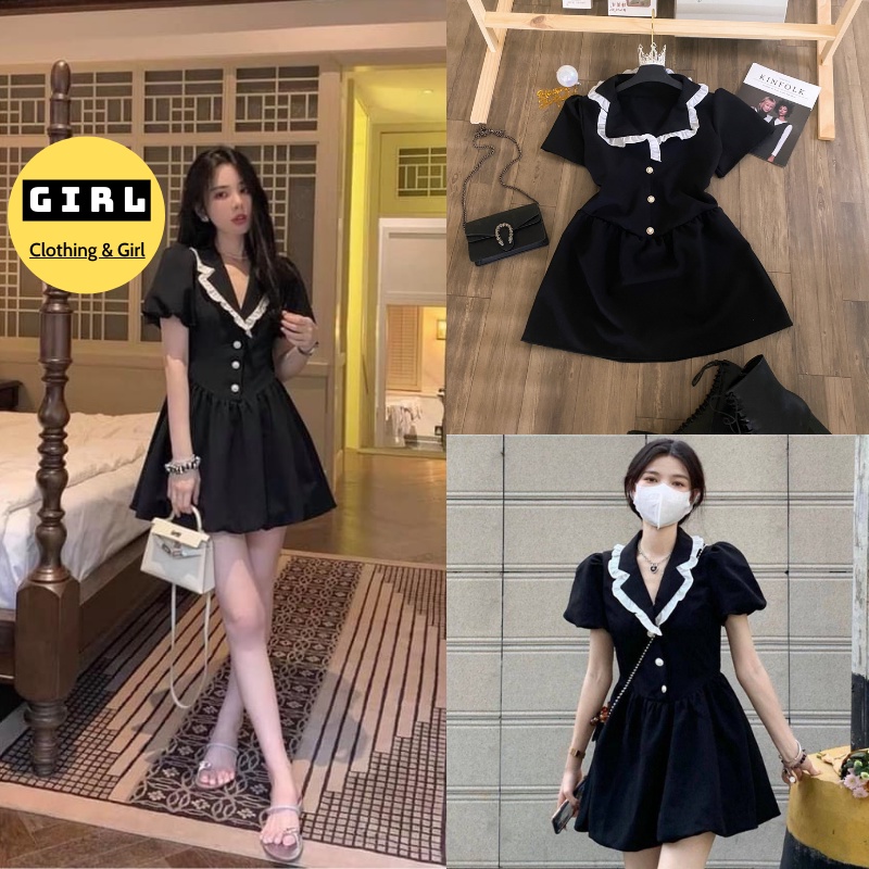 Váy Tuyết Mưa Tiểu Thư Pha Viền Bèo Gắn Cúc Ngọc Phong Cách Hàn Quốc Mã 305