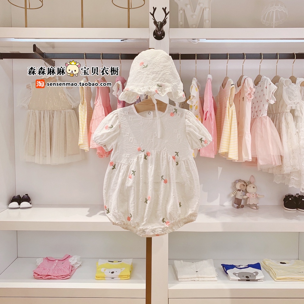 Bộ Áo Liền Quần Phong Cách Công Chúa Thêu Ren Hoa + Mũ Thời Trang Mùa Hè Xinh Xắn Cho Bé Gái Sơ Sinh