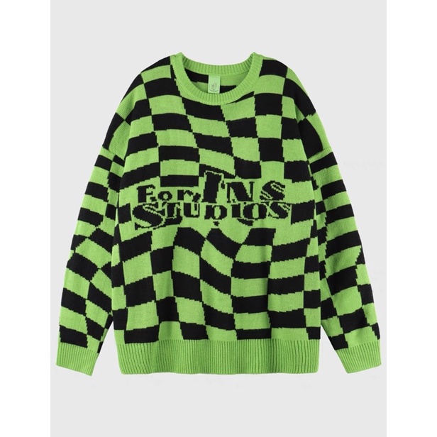 Áo len caro hiệu INS jacquard tương phản ngược retro nam nữ