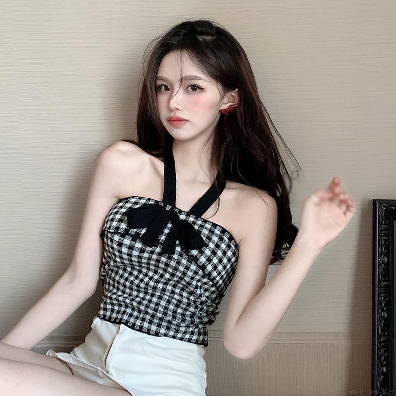 Áo Croptop Dệt Kim Hai Dây Họa Tiết Sọc Caro Phối Nơ Thời Trang Cho Nữ