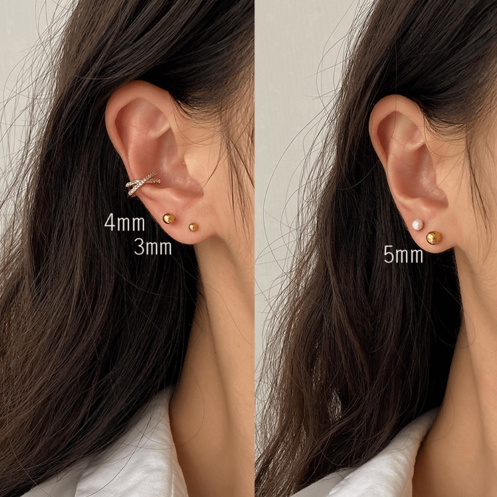 Bông tai nữ nụ bi tròn nhiều kích thước mạ vàng titan chuôi bạc 925 phong cách cá tính Âu Mỹ Boho Raseht