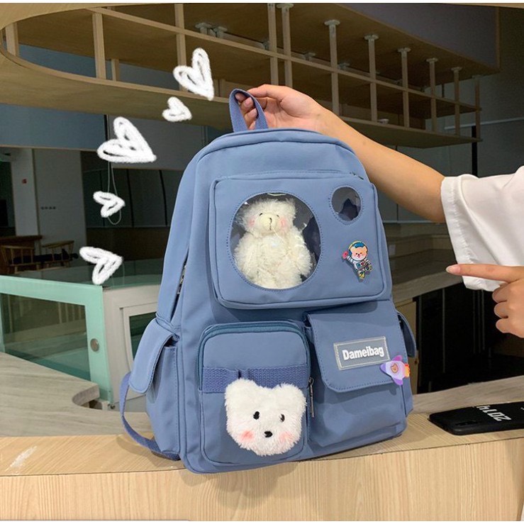 Balo học sinh nữ Ulzzang vải canvas đi học phong cách thời trang hàn quốc - BALO ĐẦU GẤU