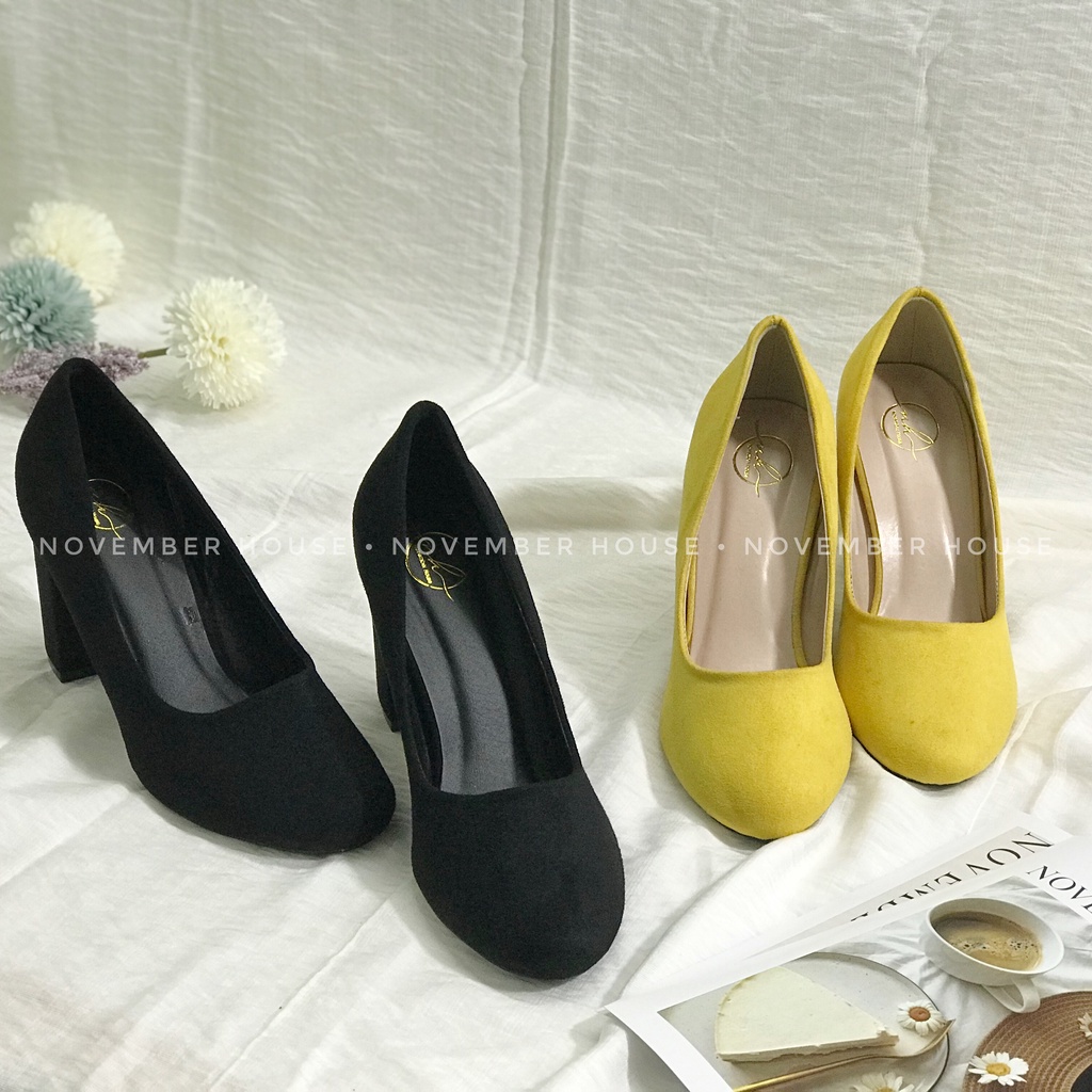 Giày cao gót nữ da lộn mũi tròn gót thô siêu xinh, 3 màu full size, GI1, Oula Store