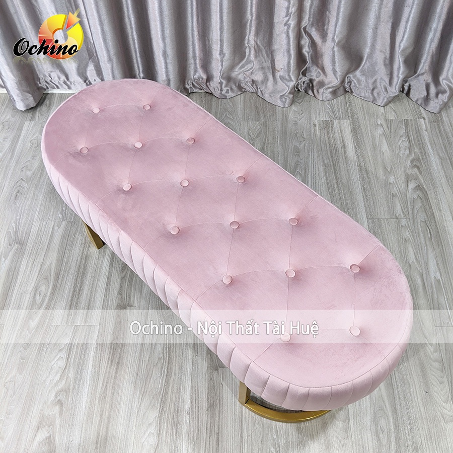 Ghế Dài Sofa Dài 1m2, Ghế băng Dài Cho Shop Hình Bầu Dục Có Nhún Mặt Chân Vàng Cách Điệu ( Sẵn Hàng)