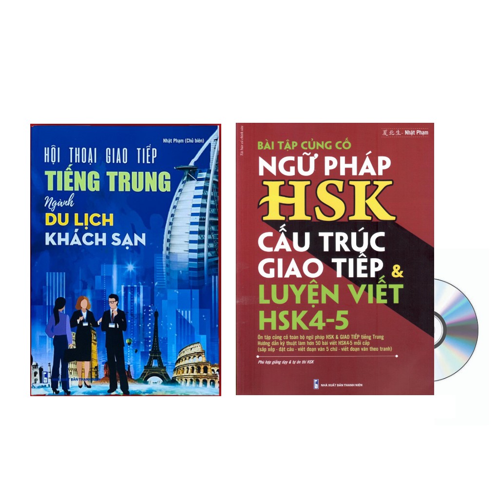 Sách-Combo: Bài tập ngữ pháp HSK cấu trúc giao tiếp &amp; luyện viết HSK4-5 + Hội thoại giao tiếp tiếng Trung ngành du lịch