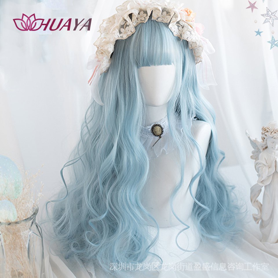 Tóc Giả Dài Xoăn Gợn Sóng Bằng Sợi Tổng Hợp Màu Xanh Dương Phong Cách Lolita Dùng Hóa Trang Tiệc Halloween