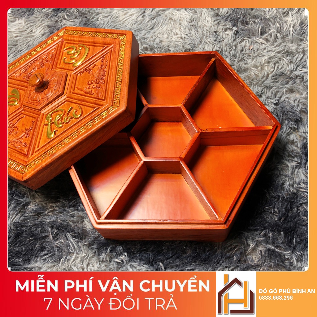 KHAY BÁNH KẸO mạ vàng gỗ hương đỏ tự nhiên hình LỤC GIÁC - PHÚC LỘC THỌ- Hàng đồ gỗ mỹ nghệ - Kích thước 30x26x10cm