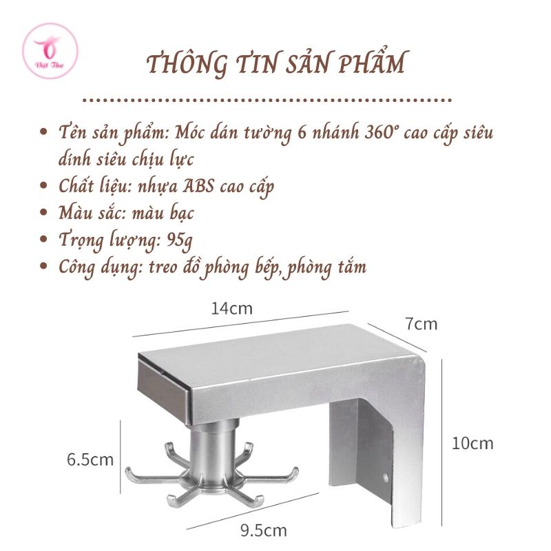 Móc dán tường chịu lực, siêu dính, treo đồ nhà bếp, 6 nhánh, xoay 360 độ, nhựa abs cao cấp Việt Thư