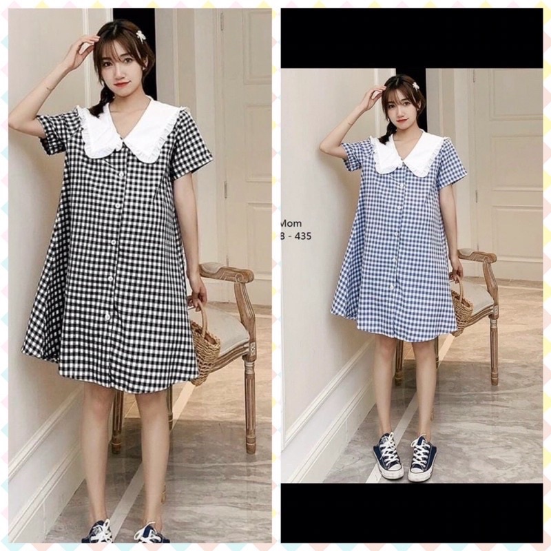 Đầm váy Bầu sơ mi KẺ đơn giản, nhẹ nhàng, thiết kế cổ sen trắng cách điệu phù hợp cho mẹ đi làm, đi chơi
