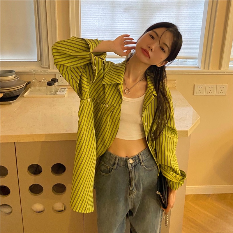 SUXI Áo Sơ Mi Nữ Dài Tay Họa Tiết Kẻ Sọc Thời Trang