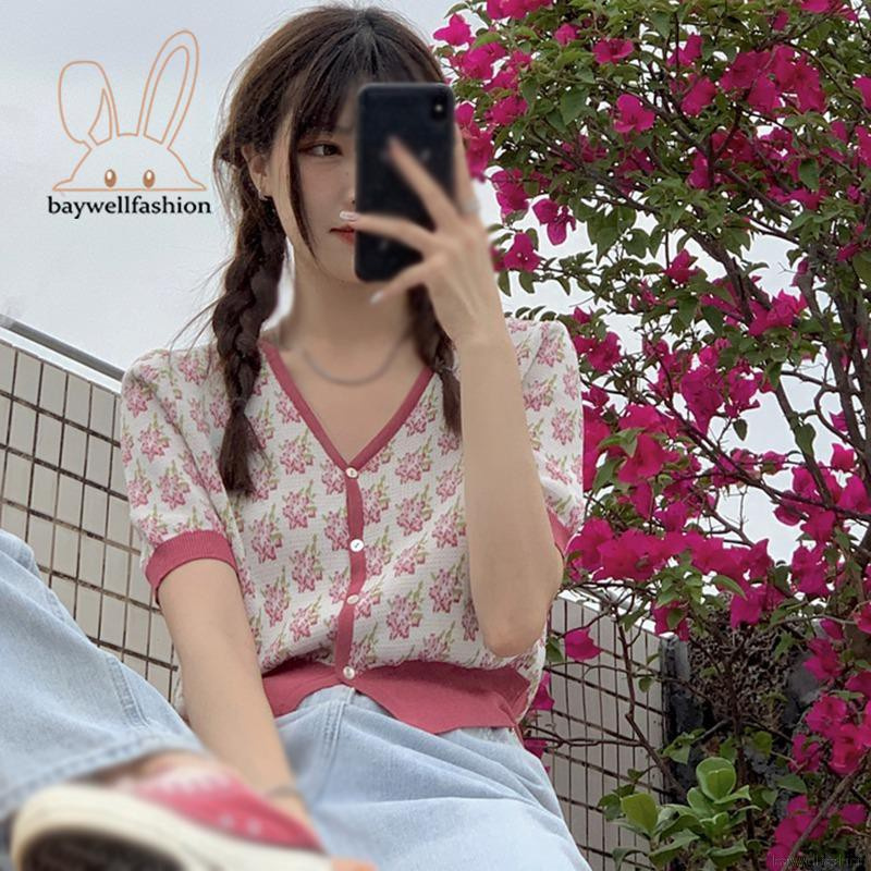 Áo Cardigan Ngắn Tay Cổ Chữ V Họa Tiết Hoa Thời Trang Dành Cho Nữ | BigBuy360 - bigbuy360.vn