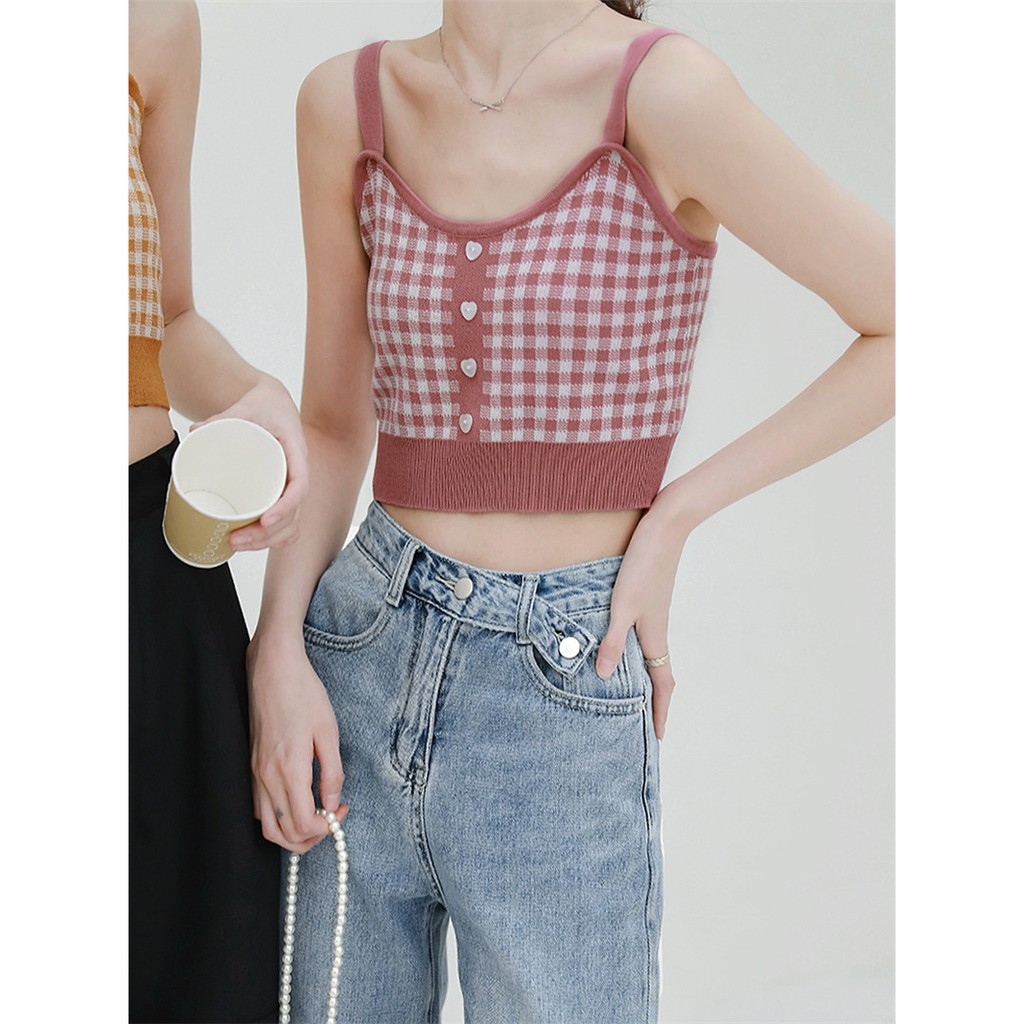 Cocory vn Áo Croptop Hai Dây Sọc Caro Phong Cách Cổ Điển Gợi Cảm Cho Nữ