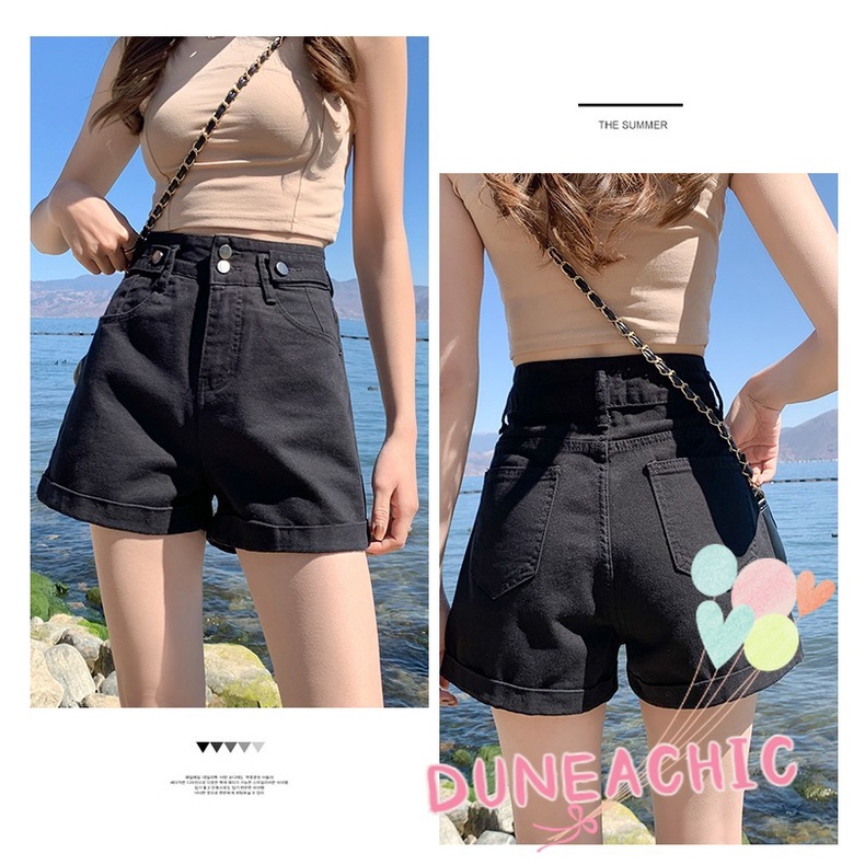 DUNEA Quần Short Denim Lưng Cao Ống Rộng Phối Túi Cá Tính Dành Cho Nữ