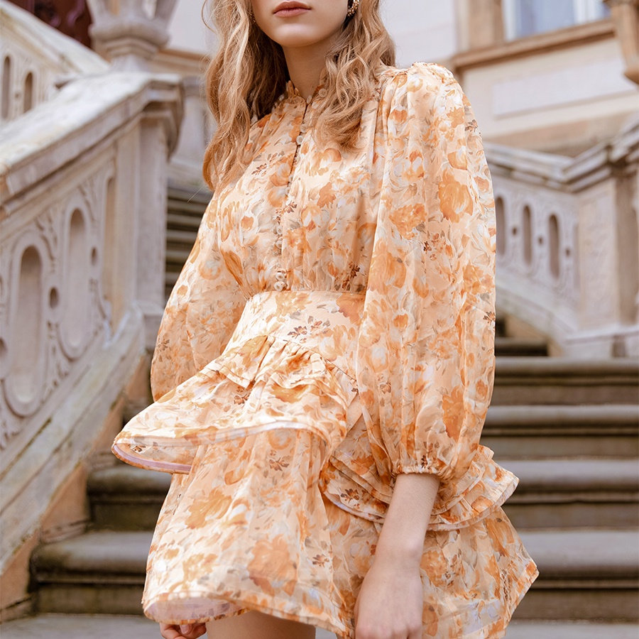 DEAR JOSÉ - Đầm xòe ngắn tay phồng lửng Lunar vải voan hoa cam