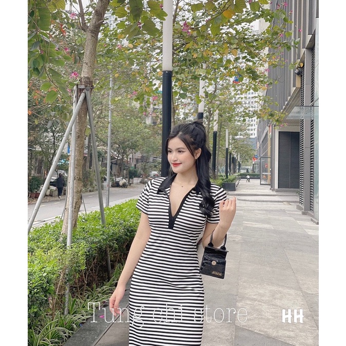 Váy body kẻ cổ bẻ khoá ngực đầm polo cổ so mi-Minxy shop