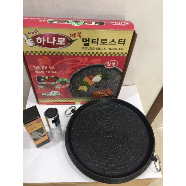 Combo Chảo đá nướng thịt BBQ Hàn Quốc size lớn 32cm và chai xịt dầu ăn