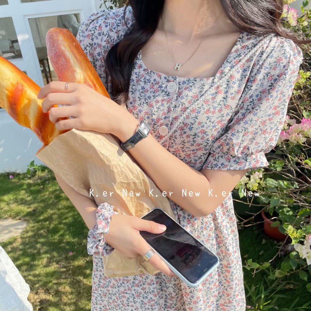 Váy dáng ngắn cổ vuông cúc ngực không kèm dây cột tóc VKE 1012 Ulzzang style🌸 Hàng Quảng Châu