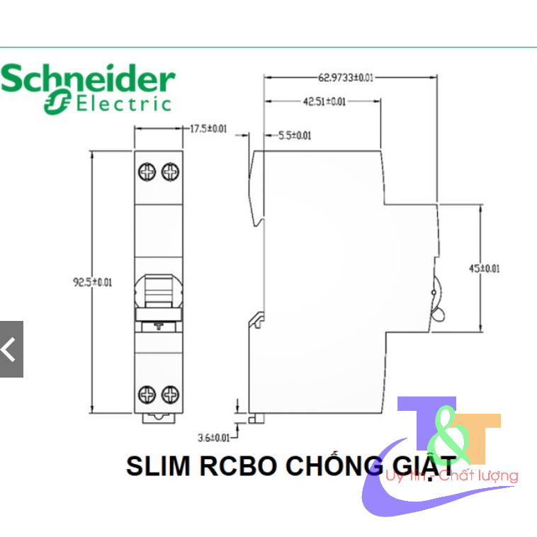 RCBO SLIM CB CHỐNG GIẬT RÒ 2P TÉP 1 PHA 2 CỰC 30mA 4.5kA Schneider