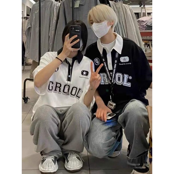 Áo Polo cổ bẻ tay lỡ in chữ GROOL 2 màu đen trắng  Chất cotton dầy đẹp, from rộng Unisex phong cách Hàn Quốc