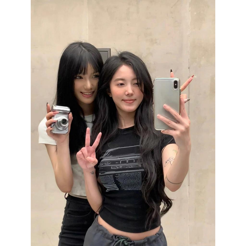 Ethelgirl Áo Croptop Tay Ngắn Dáng Ôm In Họa Tiết Phong Cách Retro Mỹ Quyến Rũ Cho Nữ