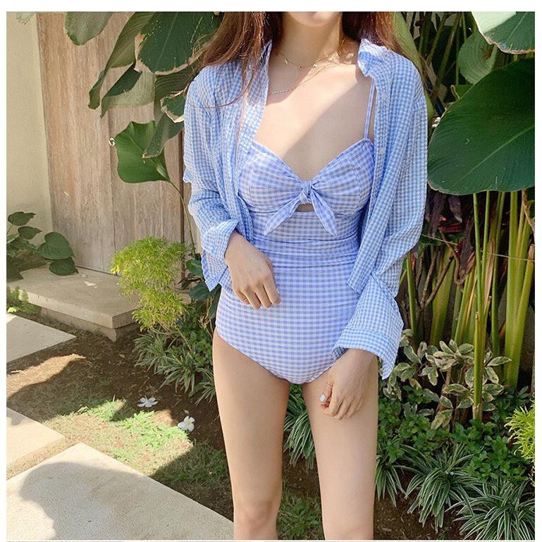 sét bikini kẻ liền mảnh nơ ngực, kèm áo choàng | BigBuy360 - bigbuy360.vn