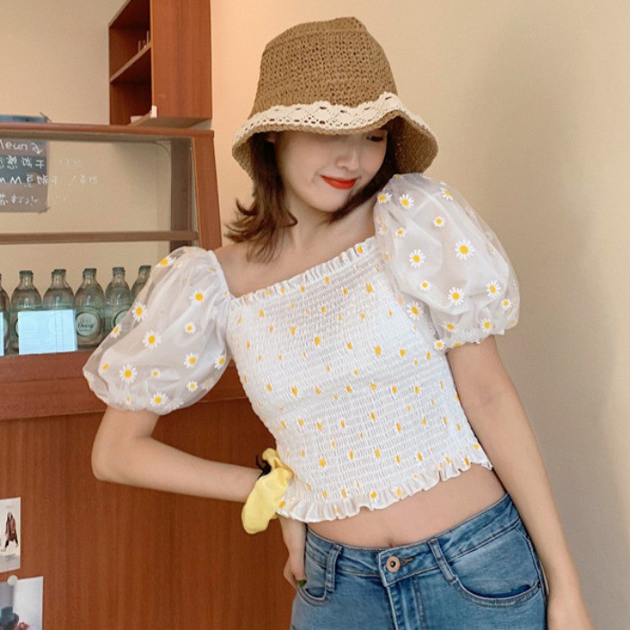 Áo Croptop Tay Ngắn Phối Lưới Thiết Kế Trễ Vai Quyến Rũ