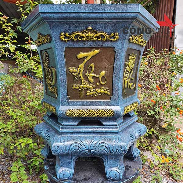 Khuôn làm chậu xi măng lục giác 58 kèm chân đôn - Họa tiết Phúc Lộc Thọ