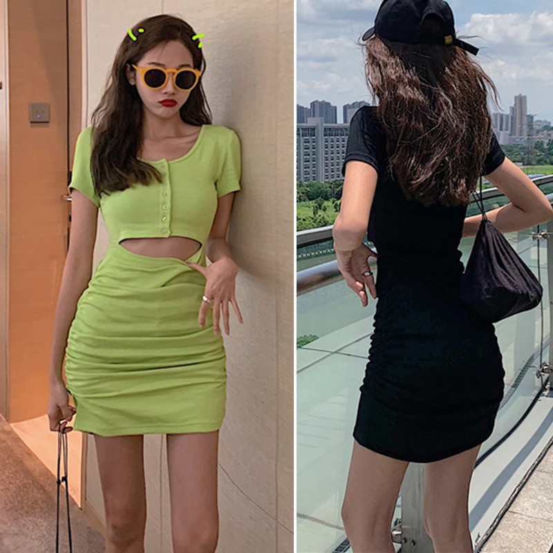 Váy Chân váy Đầm Tay Ngắn Cổ Tròn Thiết Kế Khoét Quyến Rũ Dress | BigBuy360 - bigbuy360.vn