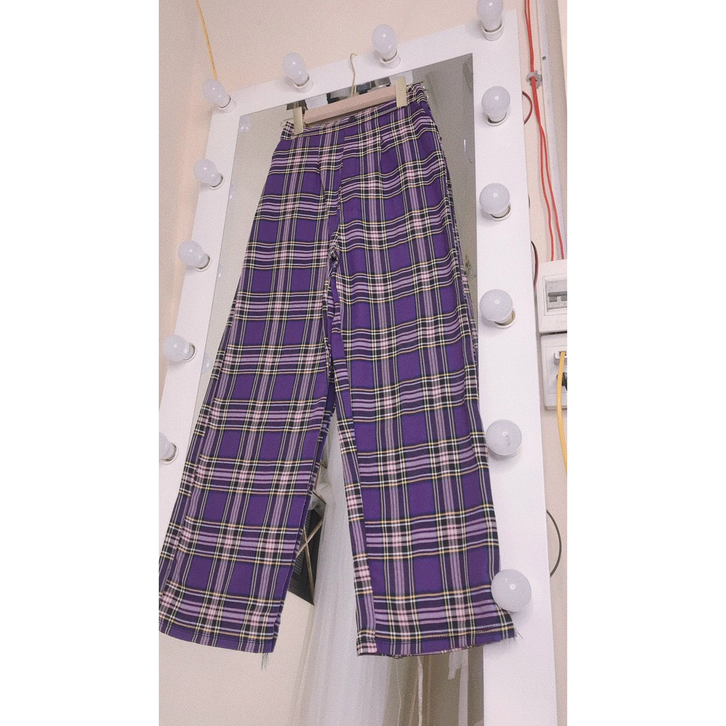 Quần kẻ caro giả cúc lưng thun cạp cao ống suông tôn dáng | BigBuy360 - bigbuy360.vn