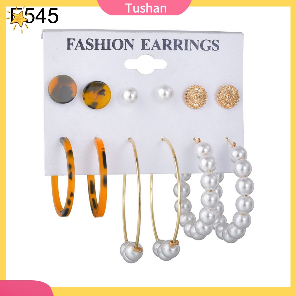 TUSH 6Pairs Women Faux Pearl Tassel Geometric Dangle Ear Studs Hoop Earrings Jewelry