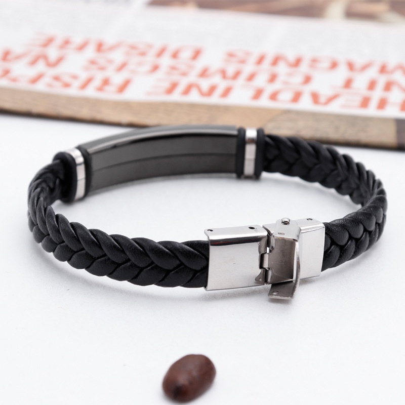 Vòng Tay Bện Dây Da Phối Thép Không Gỉ Màu Đen Phong Cách Vintage Thời Trang Cho Nam