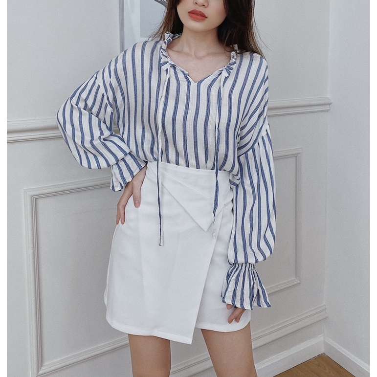Áo kiểu nữ tay phồng LUCETFASHION Blue Striped Blouse