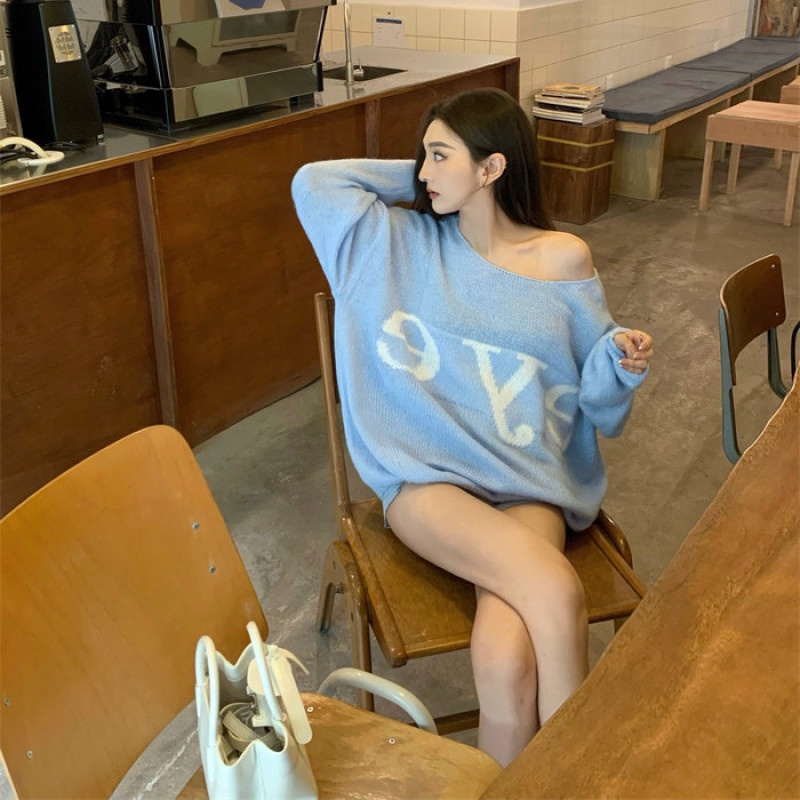 Áo Sweater Dệt Kim Tay Dài Dáng Rộng In Chữ Thời Trang