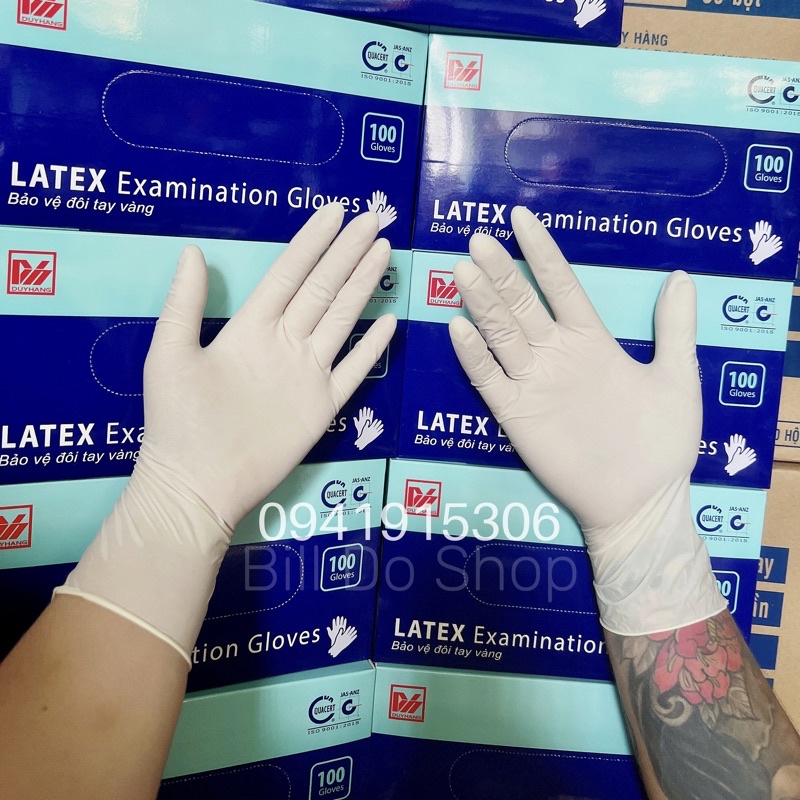 Găng Tay Cao Su Latex Có Bột Chính Hãng DUY HÀNG Loại 1_Hộp 100 Chiếc=50 Đôi Găng Tay Latex Màu Kem Dày, Dẻo Co Dãn Tốt