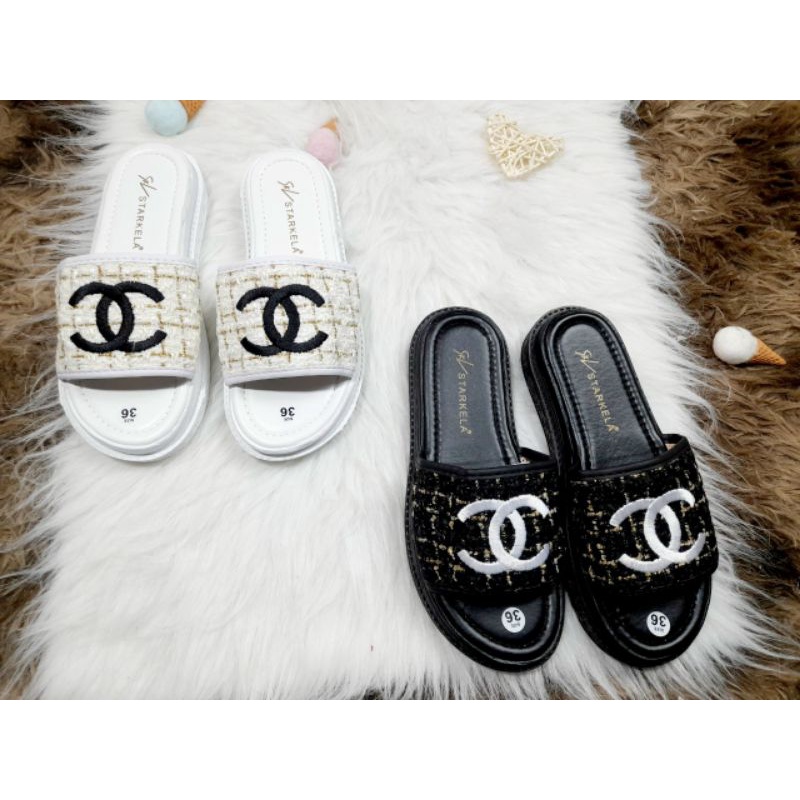 Dép Bánh Mỳ Chanel Tweed Dạ 2 Màu Đen Trắng