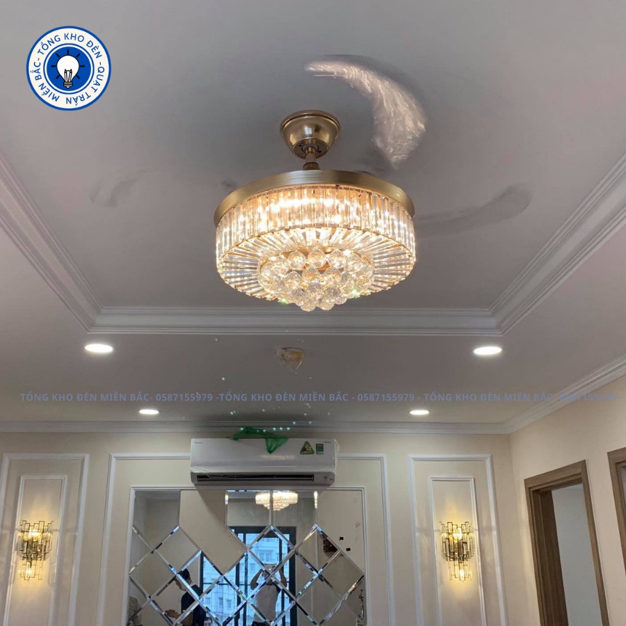 Quạt Trần Pha Lê Giấu Cánh, Quạt Trần Đèn Trang Trí Phòng Khách Bảo Hành 10 năm