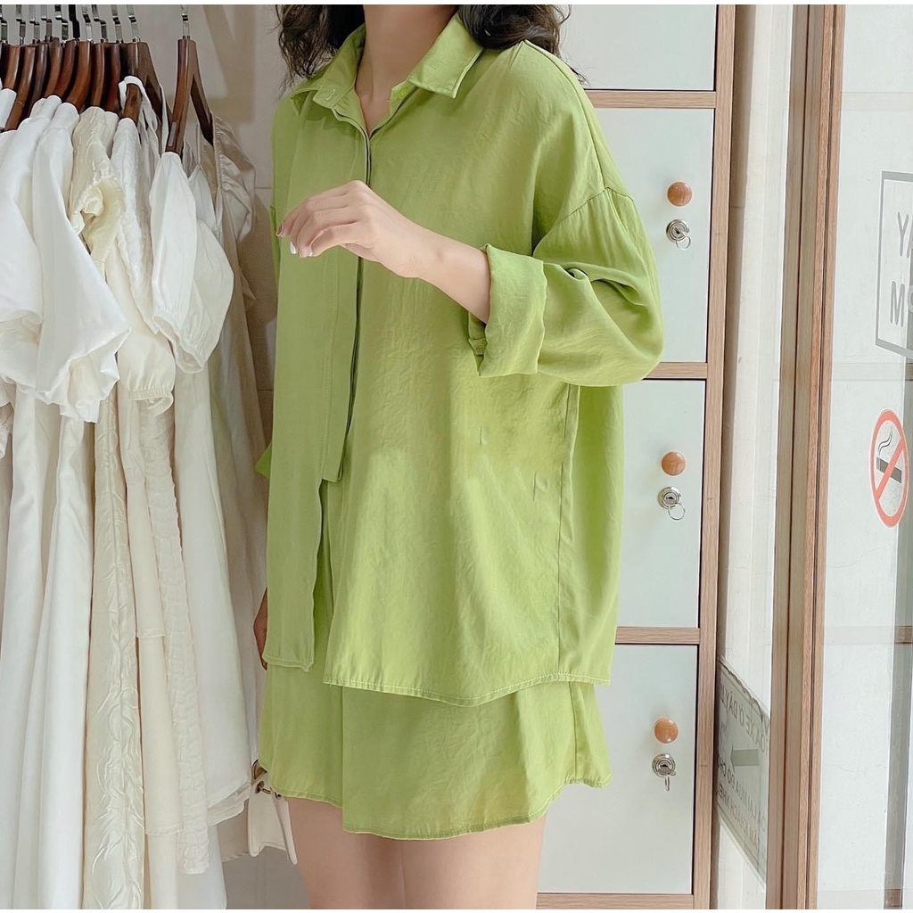 LOVI SHOP - Set áo sơ mi tay dài kèm quần short chất xô mềm (CASIE SET)