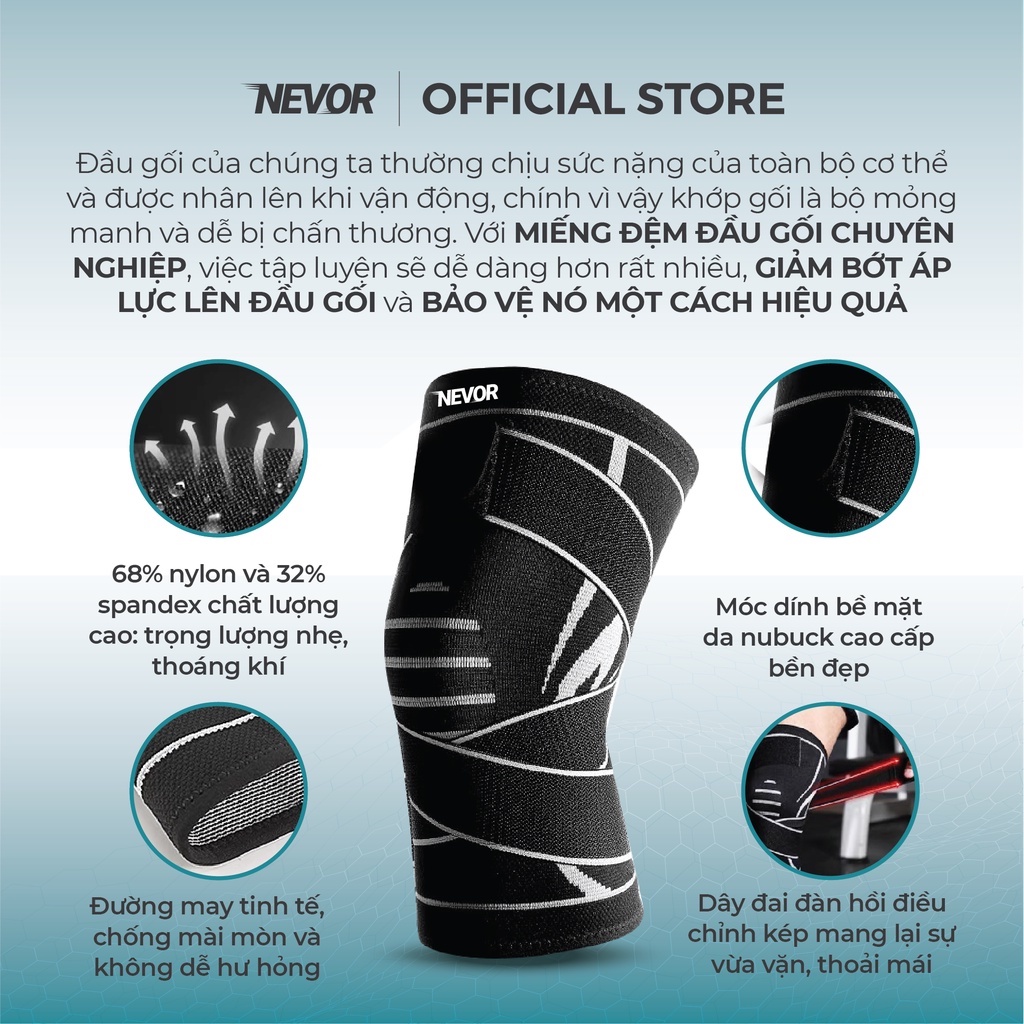 Bó Đầu Gối Nevor BDG04 Có Dây Đai Tuỳ Chỉnh Giúp Bảo Vệ Khớp Gối, Phòng Tránh Chấn Thương Khi Chơi Thể Thao.
