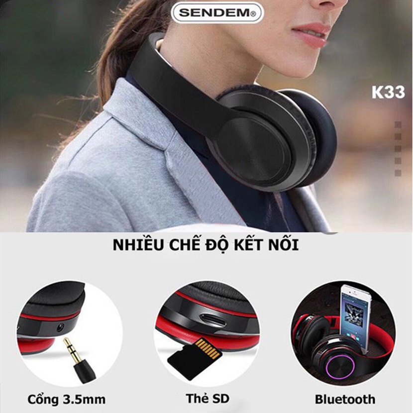 ⚡FREE SHIP⚡ Tai nghe Bluetooth Chụp Tai Sendem K33,Headphone Không Dây, Có Khe Cắm Thẻ Nhớ