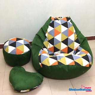 Ghế xốp dáng lê họa tiết tam giác, cỡ L, thô canvas phối da lộn (đã có hạt xốp)