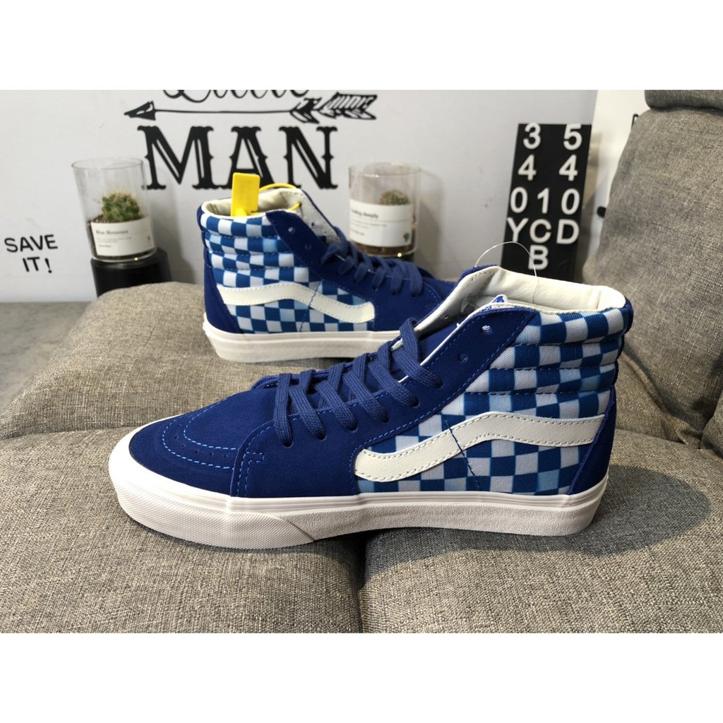  Vans Sk8-Hi Vans Royal Blue Fuzzy Checkerboard "Classic High-Top Canvas Sneakers 35-44