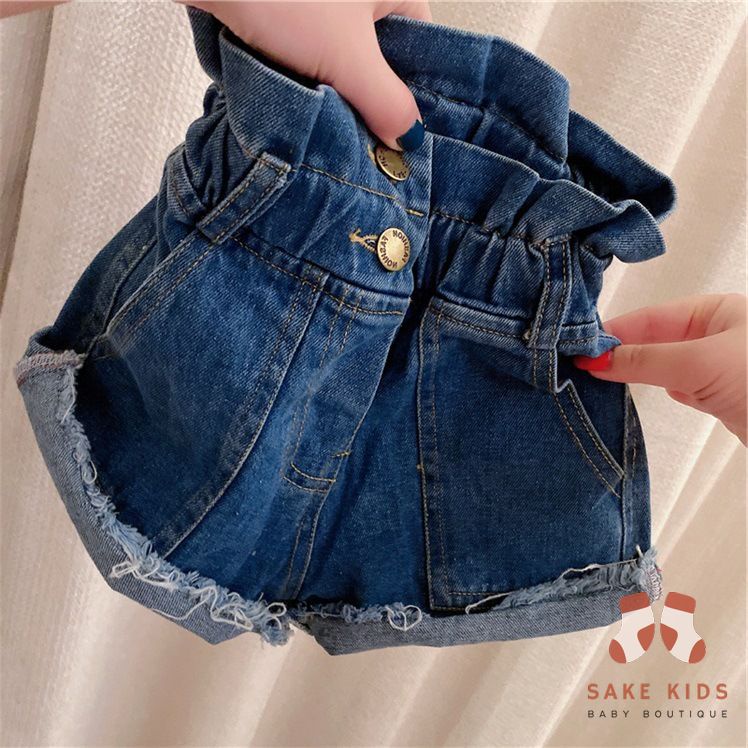 Quần jeans ngắn phối cạp nhún 2 cúc khóa cực xinh cho bé gái chất mềm đẹp phong cách Hàn Quốc mẫu mới nhất