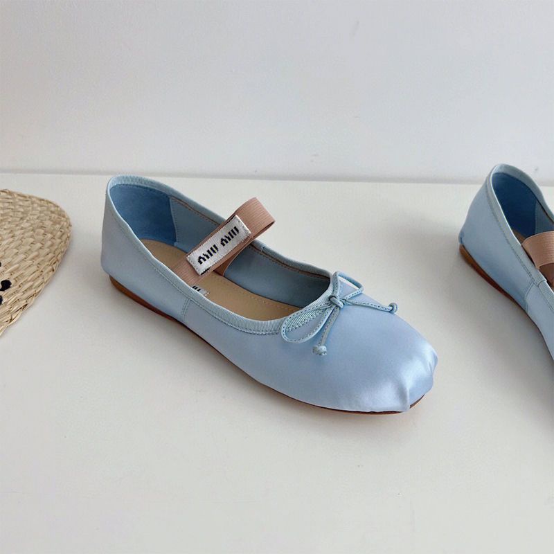 Miu miu Giày Múa Ba Lê Đế Phẳng Mary Jane Một Gói Hàng Bằng Lụa Satin Đính Nơ Cho Nữ