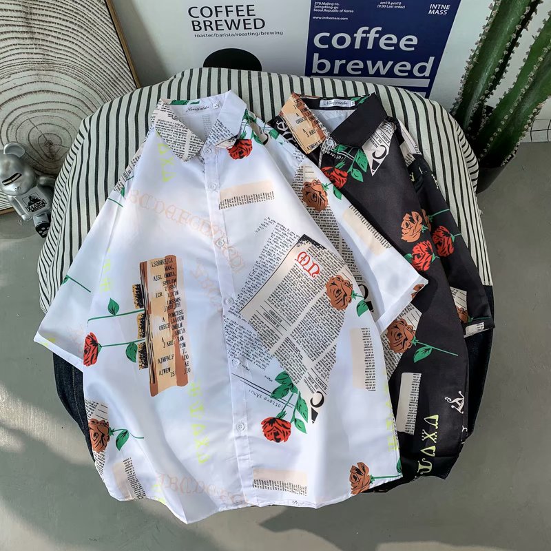 Áo sơ mi ngắn tay in hình hoa hồng thời trang cho nam