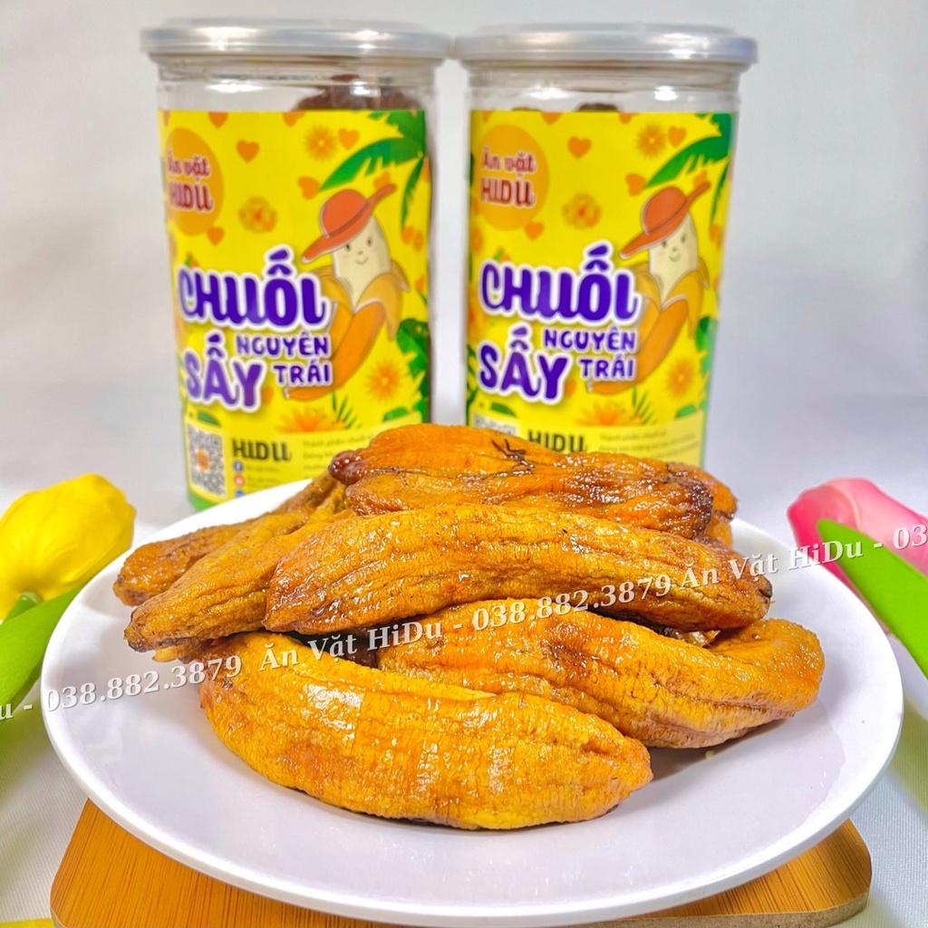 Chuối sấy dẻo nguyên trái HiDu 400gr hủ pet không đường đà lạt loại ngon