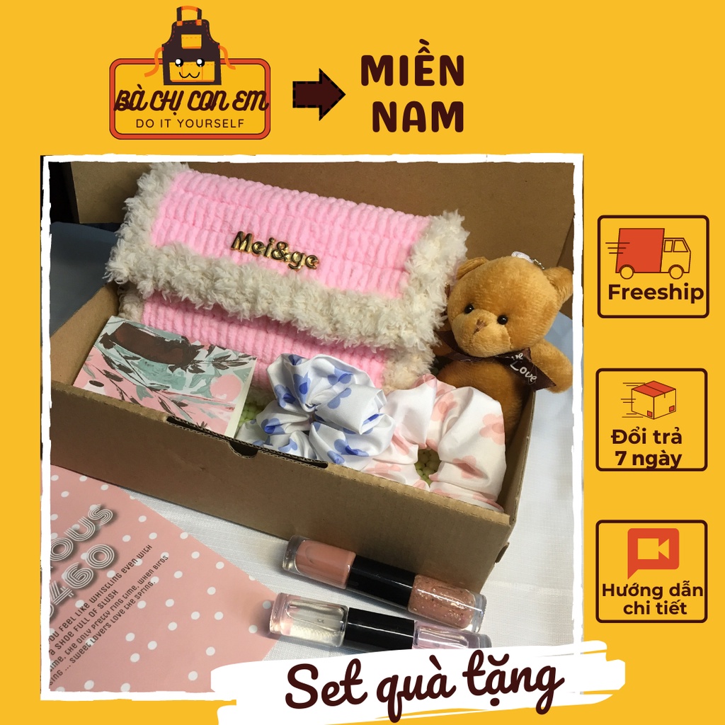 Túi tự đan, túi handmade lông xù DIY, set quà tặng dễ thương BÀ CHỊ CON EM