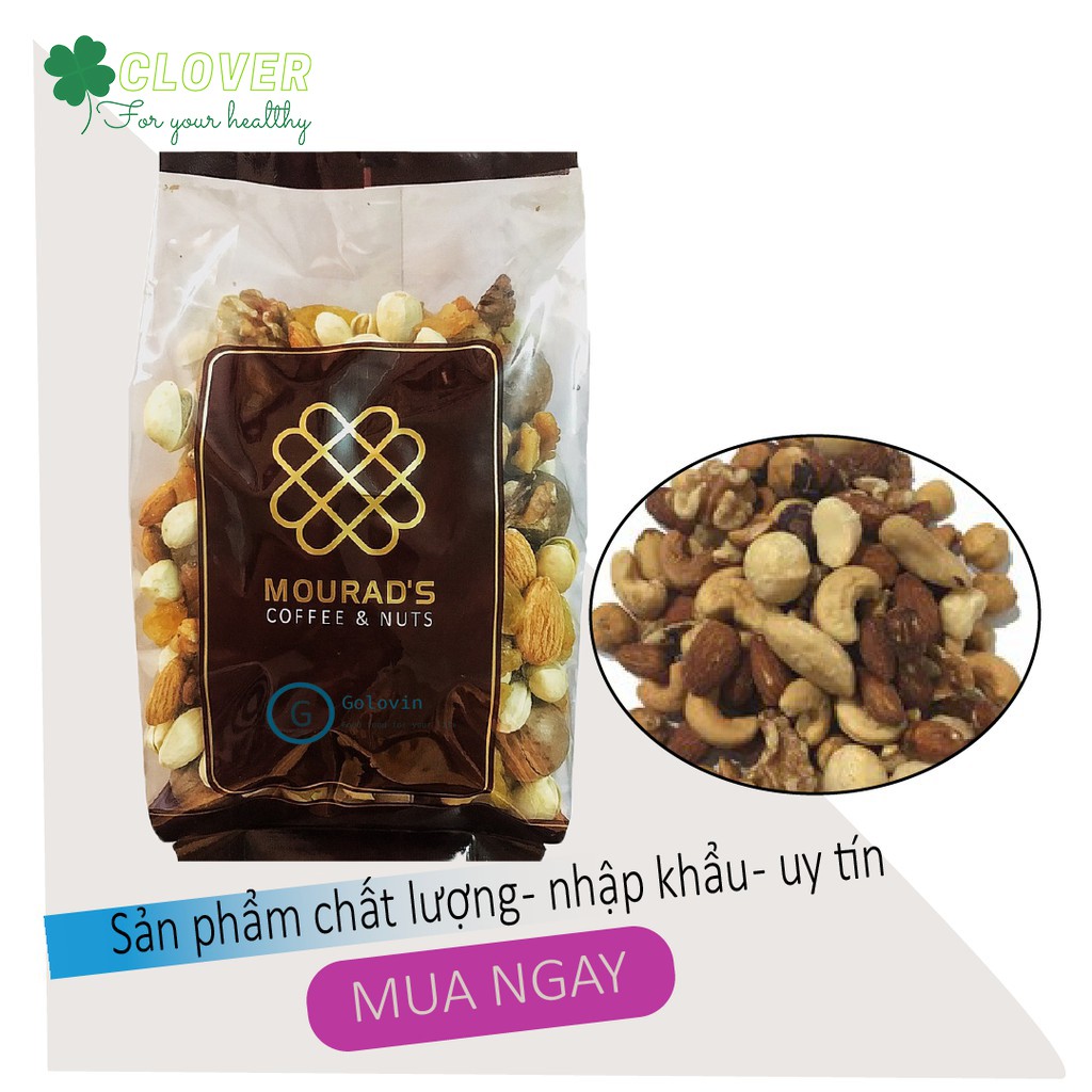 Hạt dinh dưỡng hỗn hợp sấy khô mixed nuts nhậu khẩu Mourad's túi 500g hạt dẻ, hạnh nhân, macca, óc chó, nho