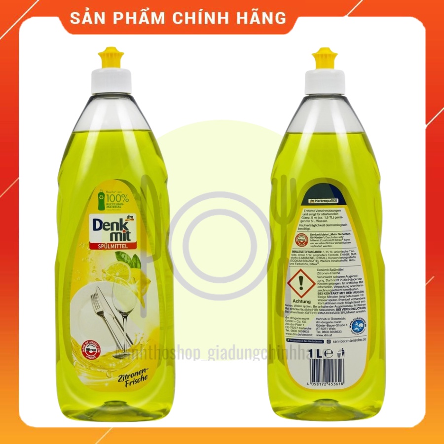 (Chai 1 lít) Nước rửa chén bát Denkmit Spülmittel Zitronen-Frische hương chanh tươi sản xuất Nước Đức.